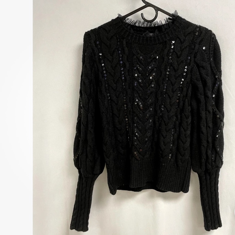 EXPRESS Black Cable Knit Sequin Ruffle Long sleeve sweater women size Large